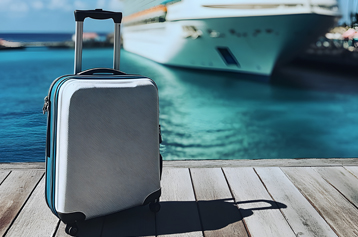 Luggage on a dock and cruise ship in the background