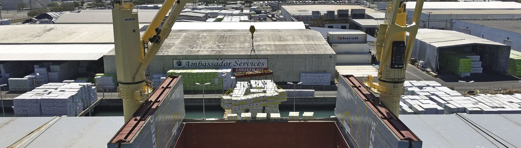 Aerial image of ASI offloading lumber at Port Canaveral