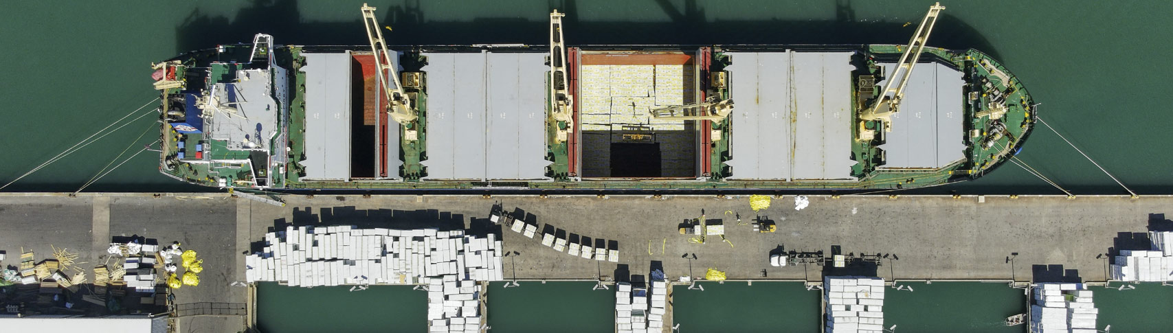 Aerial image of a lumber vessel discharging at Port Canaveral