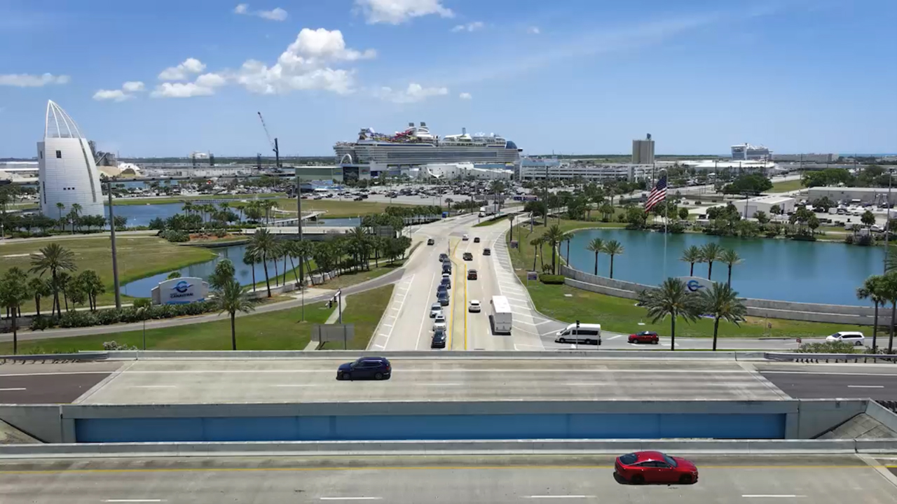 aerial photo of Port Canaveral facing East