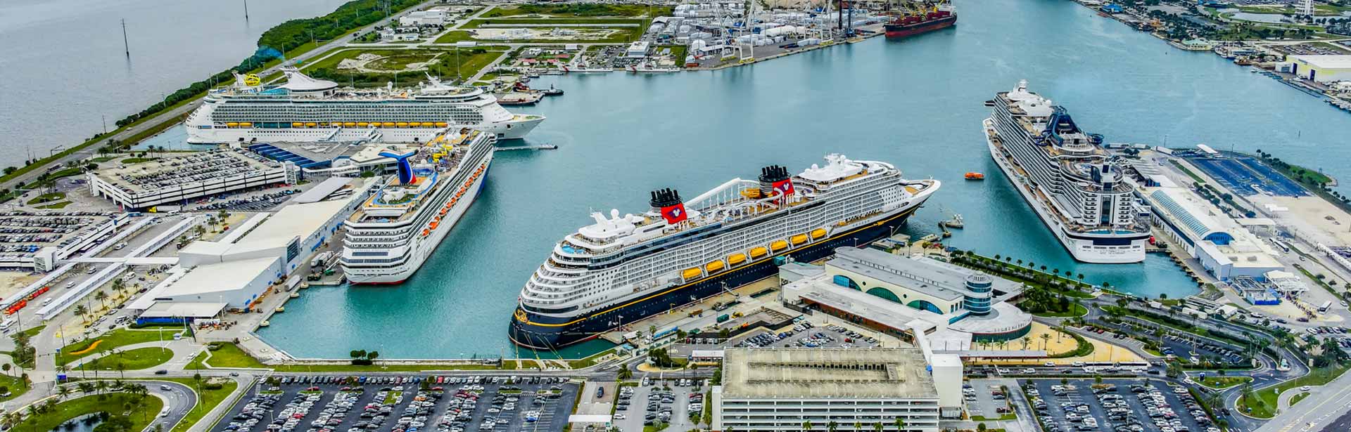 Aerial view of cruise ships at Port Canaveral