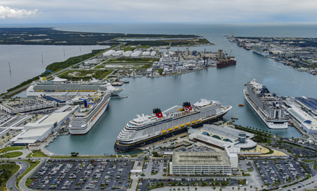 Aerial image of a 9-ship day at Port Canaveral