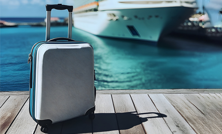 Luggage on a dock with a cruise ship in the background