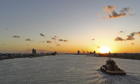 Port Canaveral's channel looking west at sunset