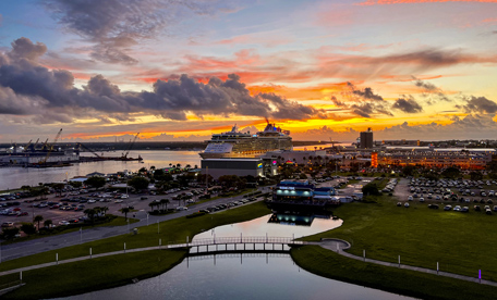 Image of sunrise at Port Canaveral shot from Exploration Tower