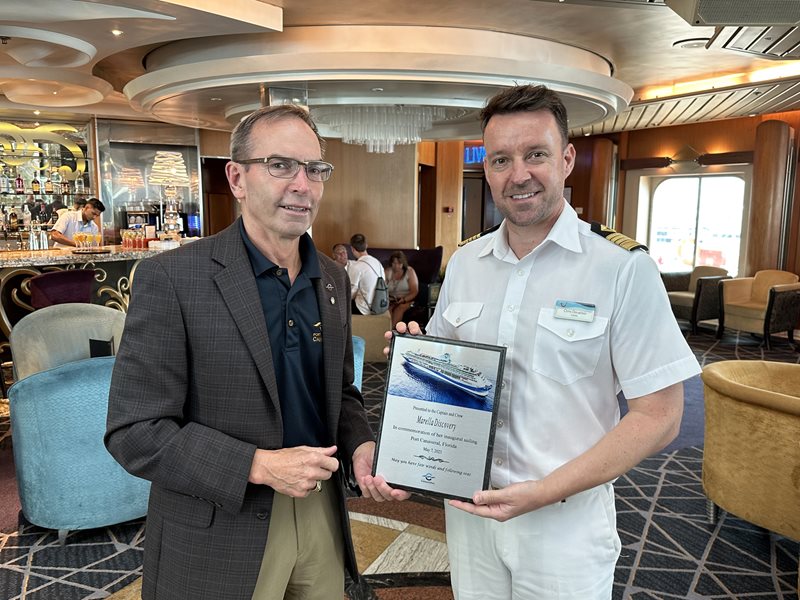 Canaveral Port Authority Commissioner RADM Wayne Justice (USCG-Ret.) welcomes Marella Discovery Capt. Chris Douglass to Port Canaveral for inaugural visit  (Photo: Canaveral Port Authority)