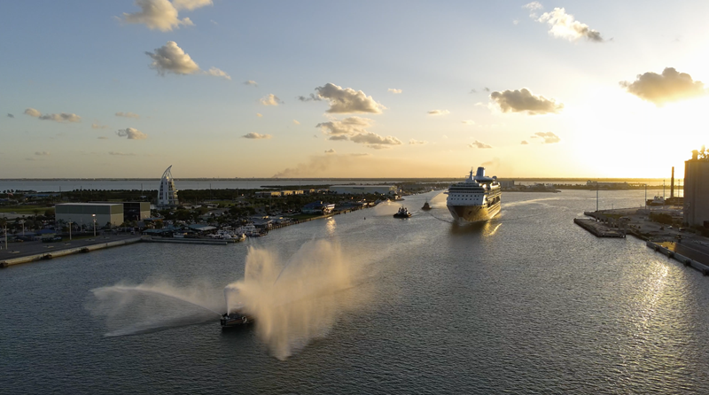 Canaveral Fire Rescue Fireboat 2 and tugs escort Marella Discovery out of Port Canaveral on her inaugural voyage (Photo: Canaveral Port Authority)