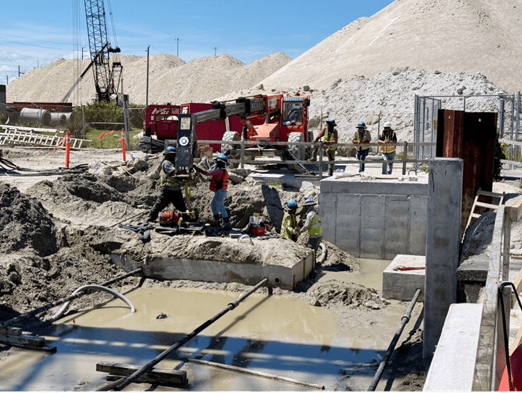 Construction crew from Orion Marine Construction installing tie rods at NCB4