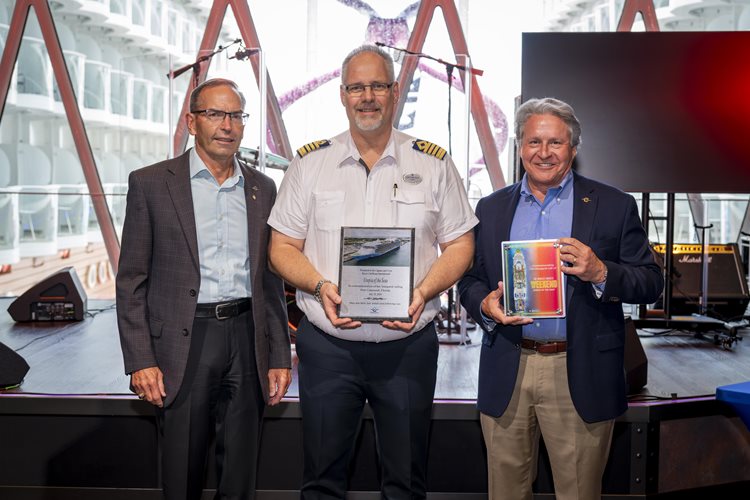 Port Canaveral CEO Capt. John Murray (right), Canaveral Port Authority Commission Vice Chair Wayne Justice (left) and Utopia of the Seas Captain Gus Andersson