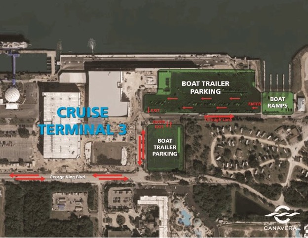 Map of Freddie Patrick Park boat ramp parking configuration with enter and exit traffic access points