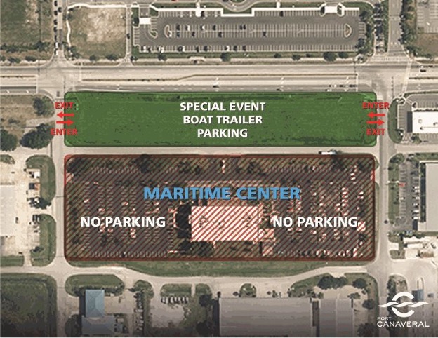 Map of Port Maritime Center front lawn parking configuration with enter and exit access points